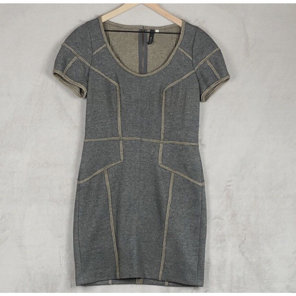 ANTHROPOLOGIE SINE Wool Blend Dress Sz 8 Gray Beige‎ Raw Edges Patchwork S/S - Picture 1 of 10